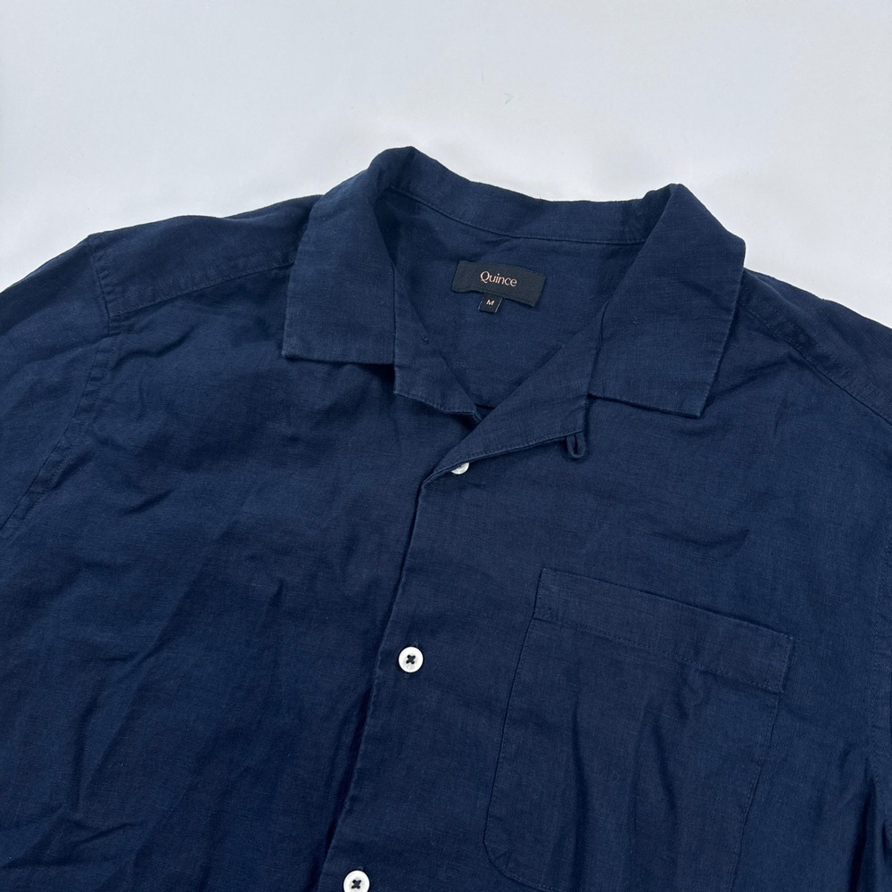 Quince Camp Shirt Mens Medium Navy Blue 100 European Linen Cuban Button Up